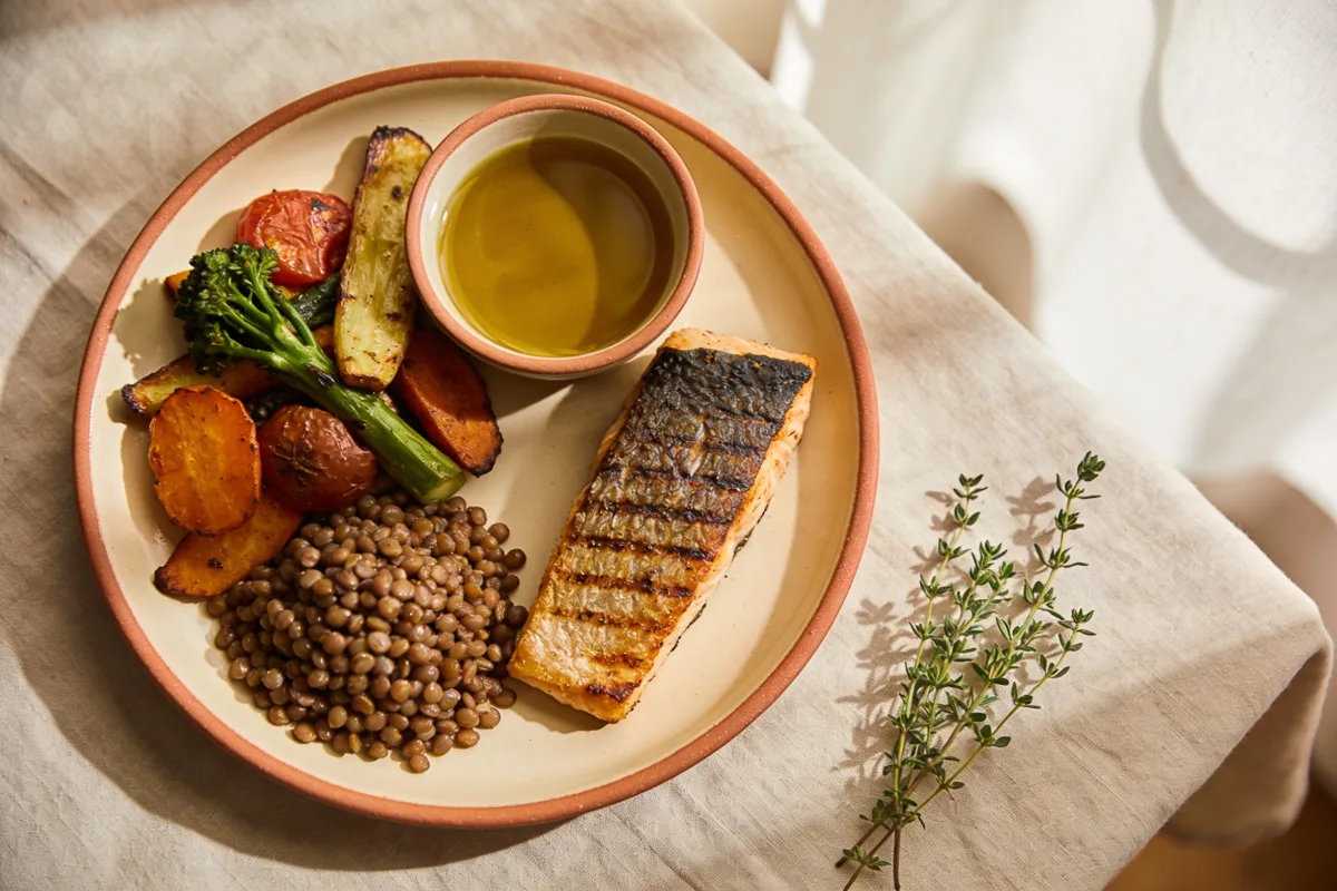 Assiette équilibrée : légumes rôtis, lentilles, poisson grillé